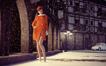 Картинка 3д+графика люди-авто мото+ people-+car+ +moto улыбка снег пальто девушка фон автомобиль