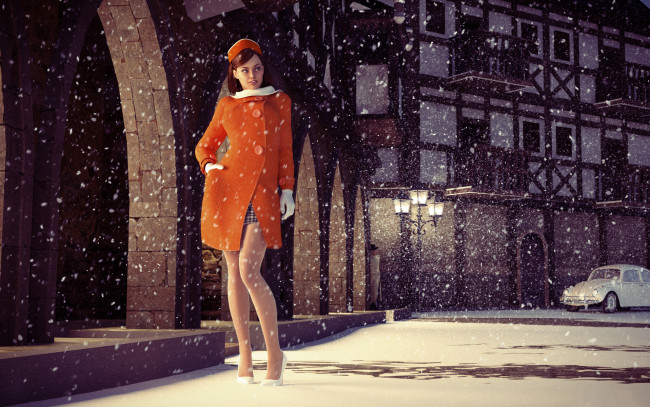 Обои картинки фото 3д графика, люди-авто, мото , people- car ,  moto, улыбка, снег, пальто, девушка, фон, автомобиль