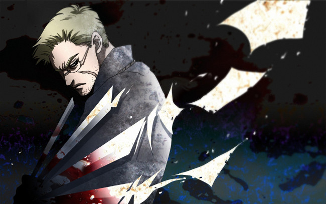 Обои картинки фото аниме, hellsing, father, anderson, священник, оружие, регенератор