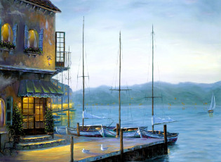 обоя рисованное, robert finale, дом, огни, причал, озеро, яхты, горы