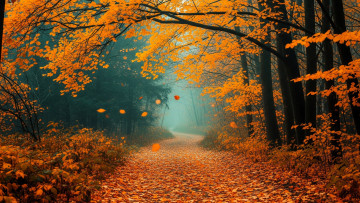 обоя природа, дороги, лес, деревья, осень, листья, туман, дорога