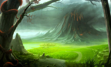 обоя фэнтези, _lord of the rings, деревья, поляна, дорожка, вулкан