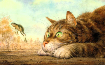 обоя рисованное, животные, кот, лягушка, прыжок, деревья