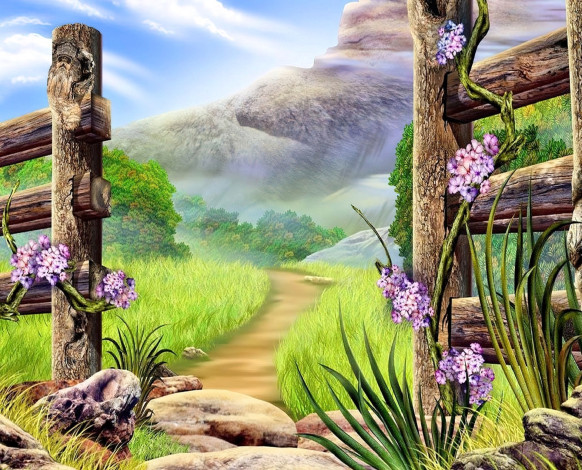Обои картинки фото рисованное, живопись, горы, дорожка, деревья, забор, калитка, цветы, камни
