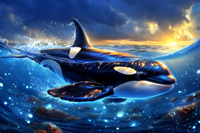 Обои картинки фото рисованное, животные,  косатки, море, тучи, косатка