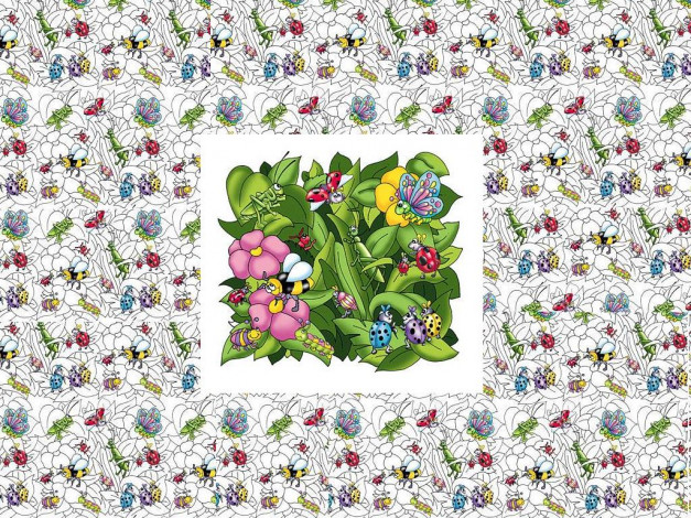 Обои картинки фото рисованные, животные, сказочные, мифические, бабочка, кузнечик, пчела, божья, коровка