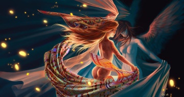 Картинка фэнтези ангелы узоры обнажена тату ткань крылья девушки