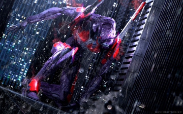 Картинка аниме evangelion eva01 меха город дождь