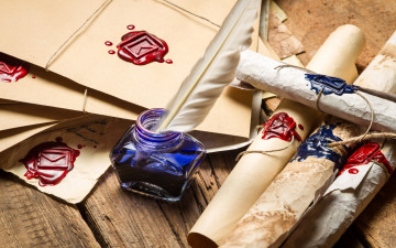 обоя разное, канцелярия,  книги, сургуч, перо, чернильница, свитки, печати