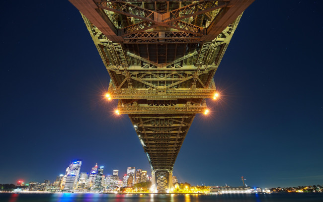 Обои картинки фото города, - мосты, город, мост, здания, огни, sydney bay bridge