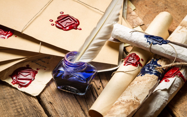 Обои картинки фото разное, канцелярия,  книги, сургуч, перо, чернильница, свитки, печати