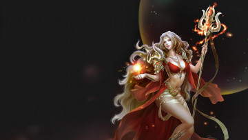 Картинка фэнтези магия искры свет сфера рога посох девушка