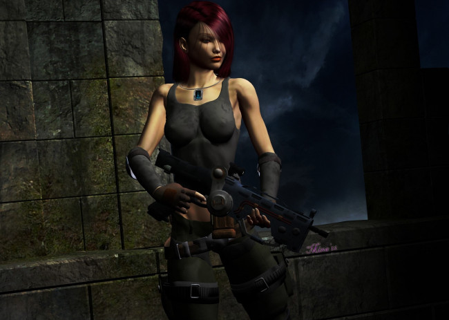 Обои картинки фото 3д графика, фантазия , fantasy, оружие, взгляд, девушка, фон