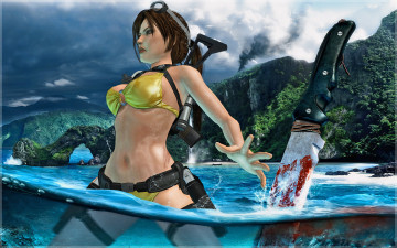 Картинка 3д+графика амазонки+ amazon вода купальник девушка фон гора нож