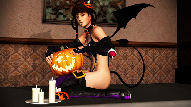 Обои картинки фото 3д графика, праздники , holidays, девушка, взгляд, фон, тыква