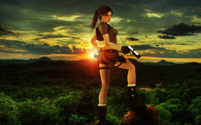 Обои картинки фото 3д графика, амазонки , amazon, девушка, фон, пистолет, природа
