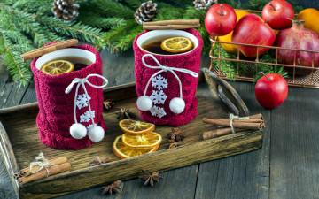 Картинка праздничные угощения чай лимон корица фрукты