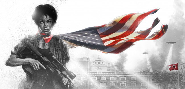 Обои картинки фото видео игры, homefront, автомат, флаг, девушка, фон, взгляд