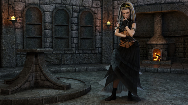 Обои картинки фото 3д графика, фантазия , fantasy, девушка, платье, камин, фон