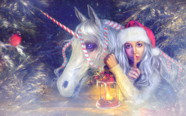 Обои картинки фото праздничные, - разное , новый год, лампа, единорог, взгляд, фон, девушка