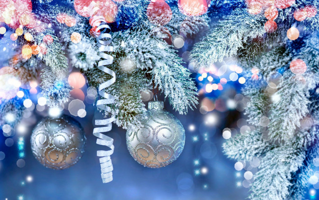 Обои картинки фото праздничные, шары, ветки, шарики, серпантин