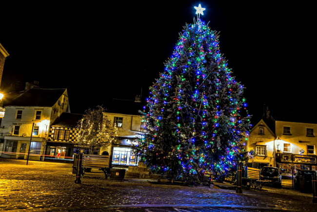 Обои картинки фото праздничные, ёлки, площадь, гирлянды, вечер, елка