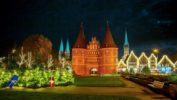 обоя праздничные, новогодние пейзажи, башни, иллюминация