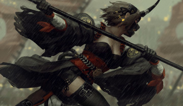 Картинка фэнтези девушки девушка маска копье дождь