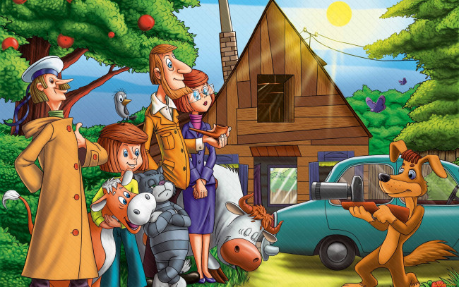 Обои картинки фото мультфильмы, трое из простоквашино, каникулы, в, простоквашино, дядя, федор, кот, матроскин, шарик, гаврюша, почтальон, печкин