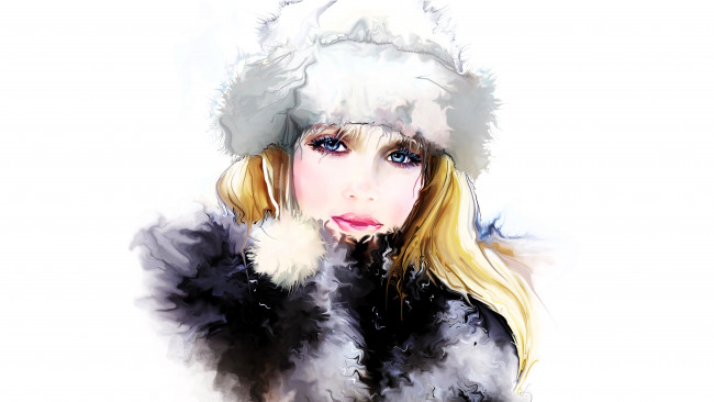 Обои картинки фото рисованное, люди, девушка, лицо, шапка, воротник, мех