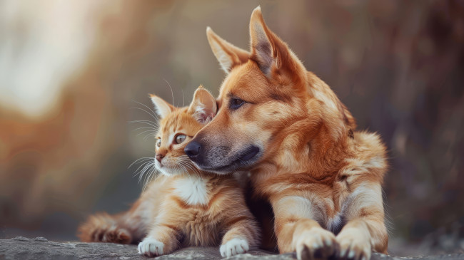 Обои картинки фото 3д графика, животные , animals, друзья, кот, кошка, собака