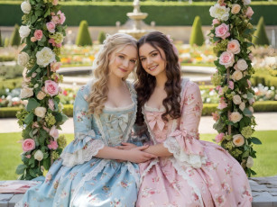 Картинка нейросеть 3д+графика люди+ people две девушки красавицы бантики макияж улыбки платья боке цветы арка парк красота