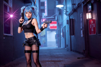 Картинка 3д+графика люди+ people девушка топ шорты пистолеты оружие дома улица неон