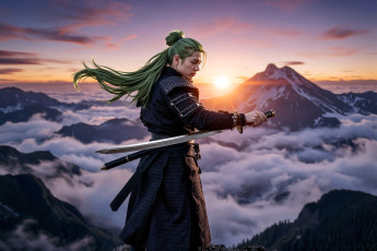 Картинка 3д+графика люди+ people парень наряд меч горы облака