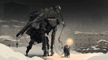 обоя фэнтези, роботы,  киборги,  механизмы, город, дома, снег, зима, робт, человек, свет