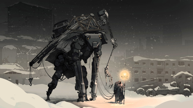 Обои картинки фото фэнтези, роботы,  киборги,  механизмы, город, дома, снег, зима, робт, человек, свет
