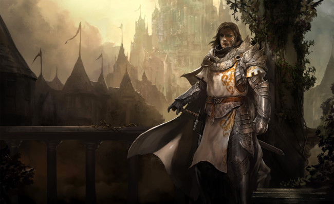 Обои картинки фото видео игры, guild wars 2, рыцарь, латы, плащ, меч, мост, замок, дворец
