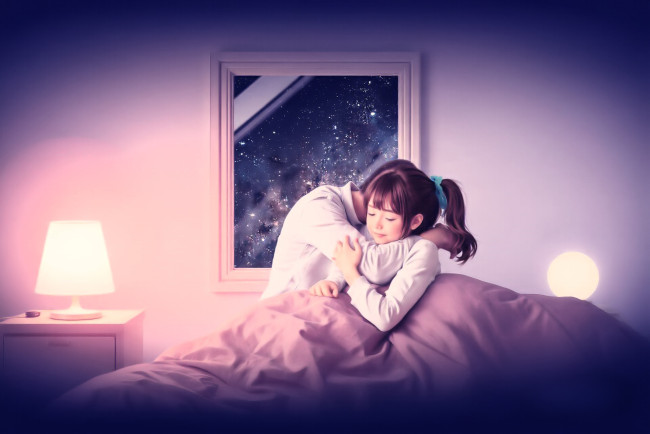 Обои картинки фото разное, компьютерный дизайн, мужчина, девочка, одеяло, кровать, окно, торшер