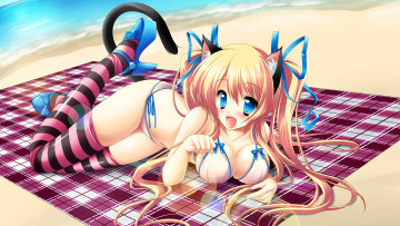 Картинка аниме animals лежит чулки грудь девушка фон