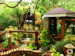 Картинка природа парк водопад беседка цветы