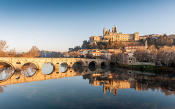 Картинка pont vieux beziers france города мосты отражение пейзаж здания собор река старый мост франция orb безье