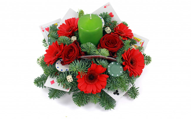 Обои картинки фото разное, свечи, карты, букет, герберы, свеча