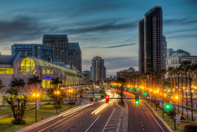 Обои картинки фото san, diego, города, сан, диего, сша, ночь, панорама, огни