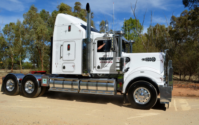 Обои картинки фото kenworth, автомобили, сша, автобусы, грузовые, truck, company, колеса, дорога, скорость, природа