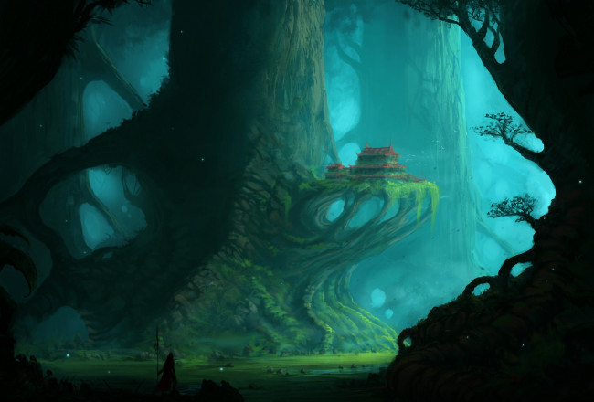 Обои картинки фото фэнтези, пейзажи, путник, ветви, деревья, дом, гигантский, воин, лес