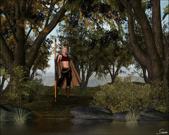 Обои картинки фото 3д графика, амазонки , amazon, посох, фон, взгляд, девушка, лес, ручей