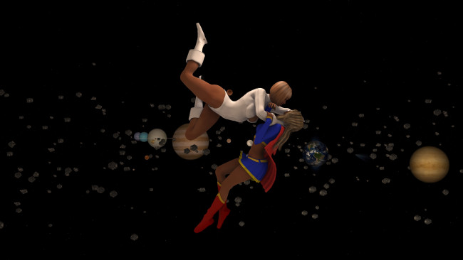 Обои картинки фото 3д графика, фантазия , fantasy, девушки, супермены, фон, взгляд