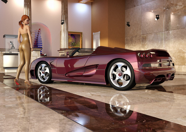 Обои картинки фото автомобили, 3d car&girl, взгляд, фон, автомобиль, девушка