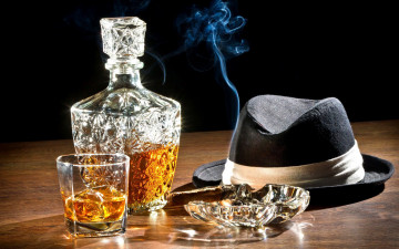 Картинка еда напитки пепельница сигара шляпа виски бокал графин