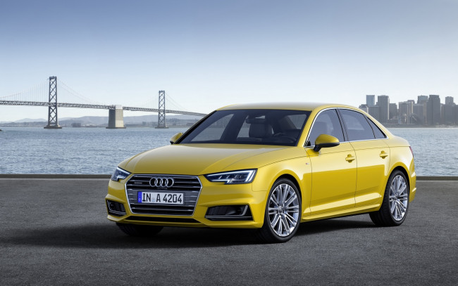 Обои картинки фото автомобили, audi, ауди, а4, желтая, мост, море, небоскребы, город